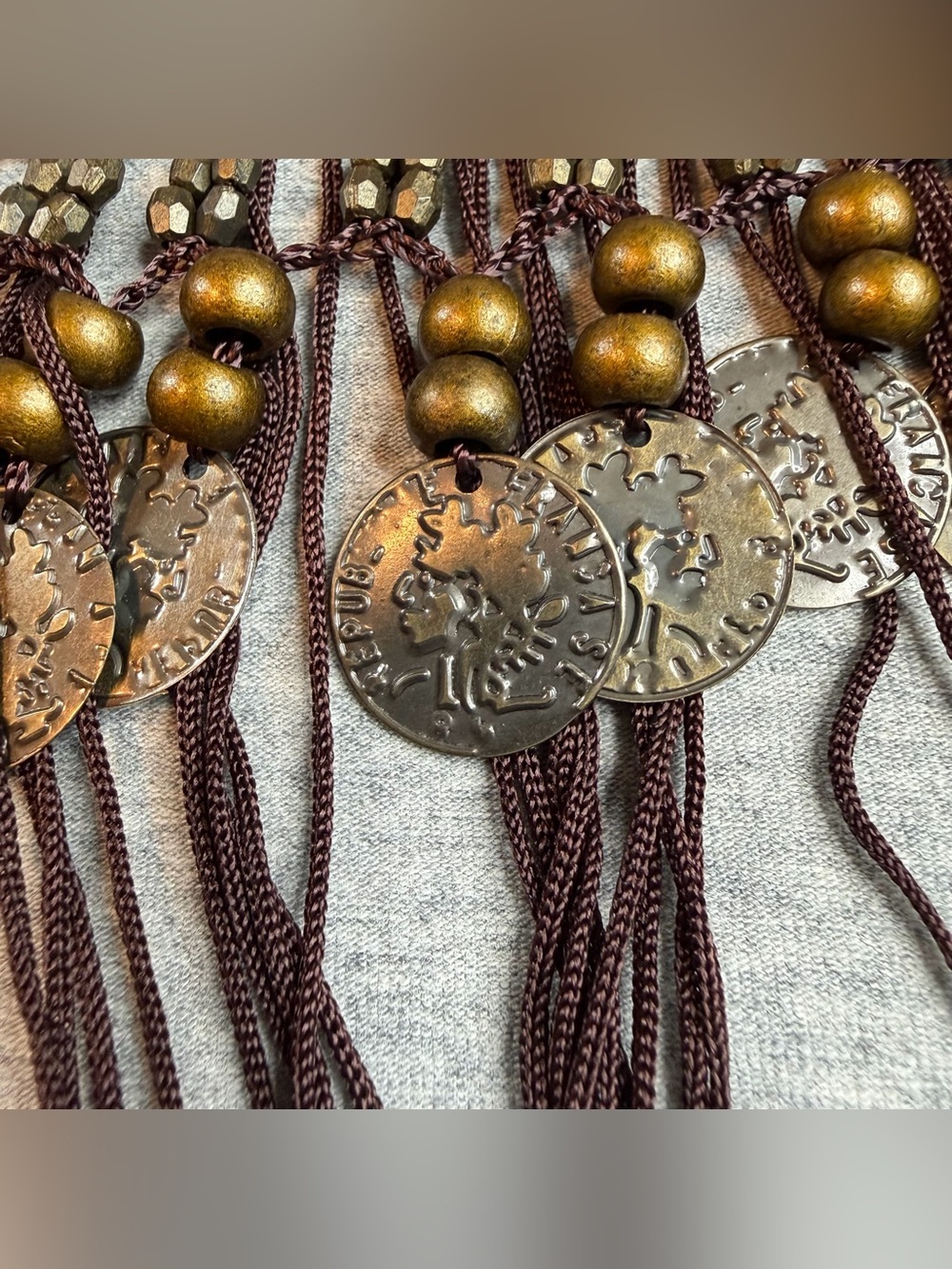 Brown Belly Dance Hip Scarf with Fringe and Coins - Picture 5 of 9
